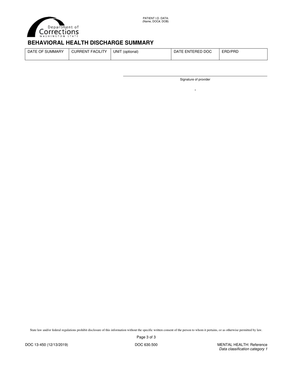 Form DOC13-450 Behavioral Health Discharge Summary - Washington, Page 3