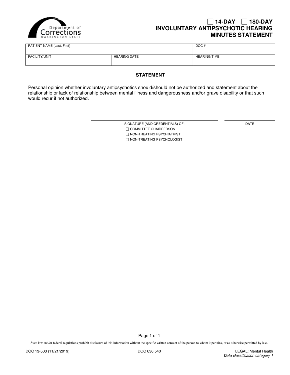 Form DOC13-503 14-day / 180-day Involuntary Antipsychotic Hearing Minutes Statement - Washington, Page 1