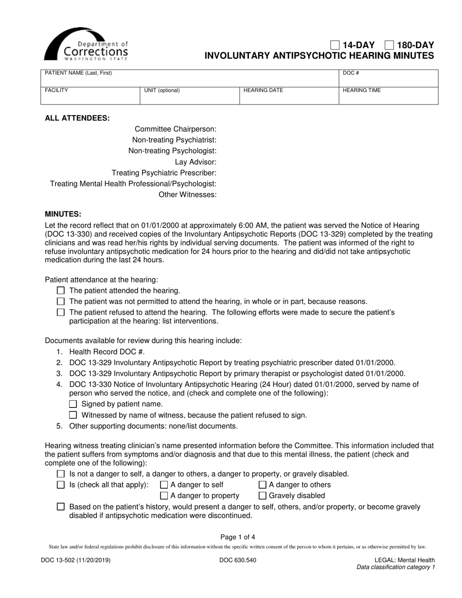 Form DOC13-502 14-day / 180-day Involuntary Antipsychotic Hearing Minutes - Washington, Page 1