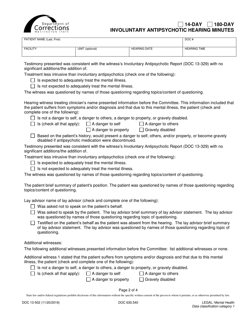 Form DOC13-502 14-day / 180-day Involuntary Antipsychotic Hearing Minutes - Washington, Page 2