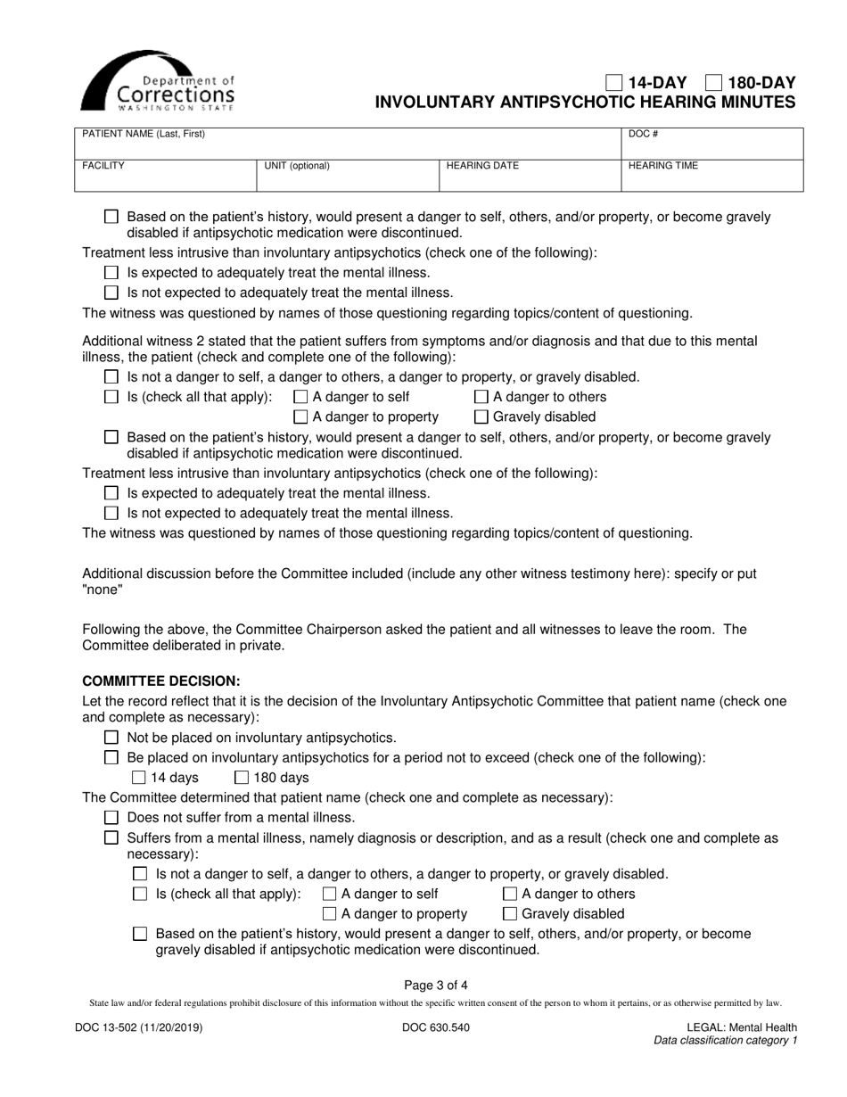 Form DOC13-502 14-day / 180-day Involuntary Antipsychotic Hearing Minutes - Washington, Page 3
