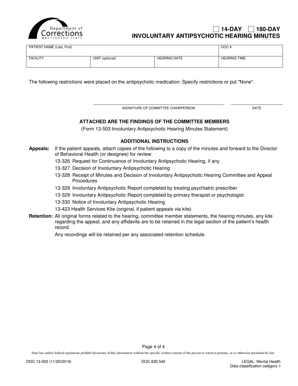 Form DOC13-502 14-day / 180-day Involuntary Antipsychotic Hearing Minutes - Washington, Page 4