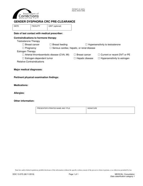 Form DOC13-575 Gender Dysphoria Crc Pre-clearance - Washington
