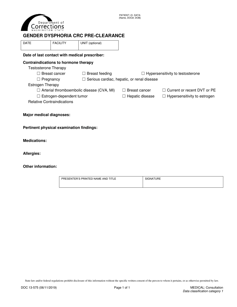 Form DOC13-575 Gender Dysphoria Crc Pre-clearance - Washington, Page 1