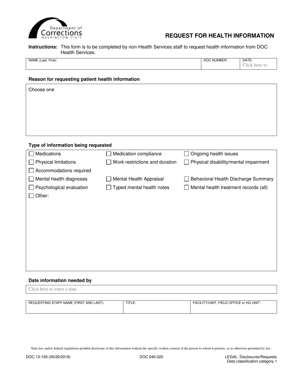 Form DOC13-159 Request for Health Information - Washington, Page 1