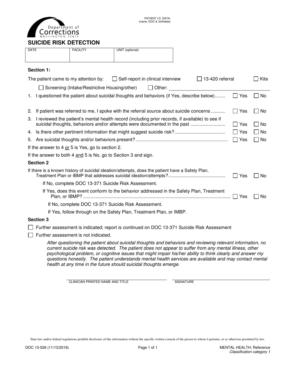 Form DOC13-526 Suicide Risk Detection - Washington, Page 1