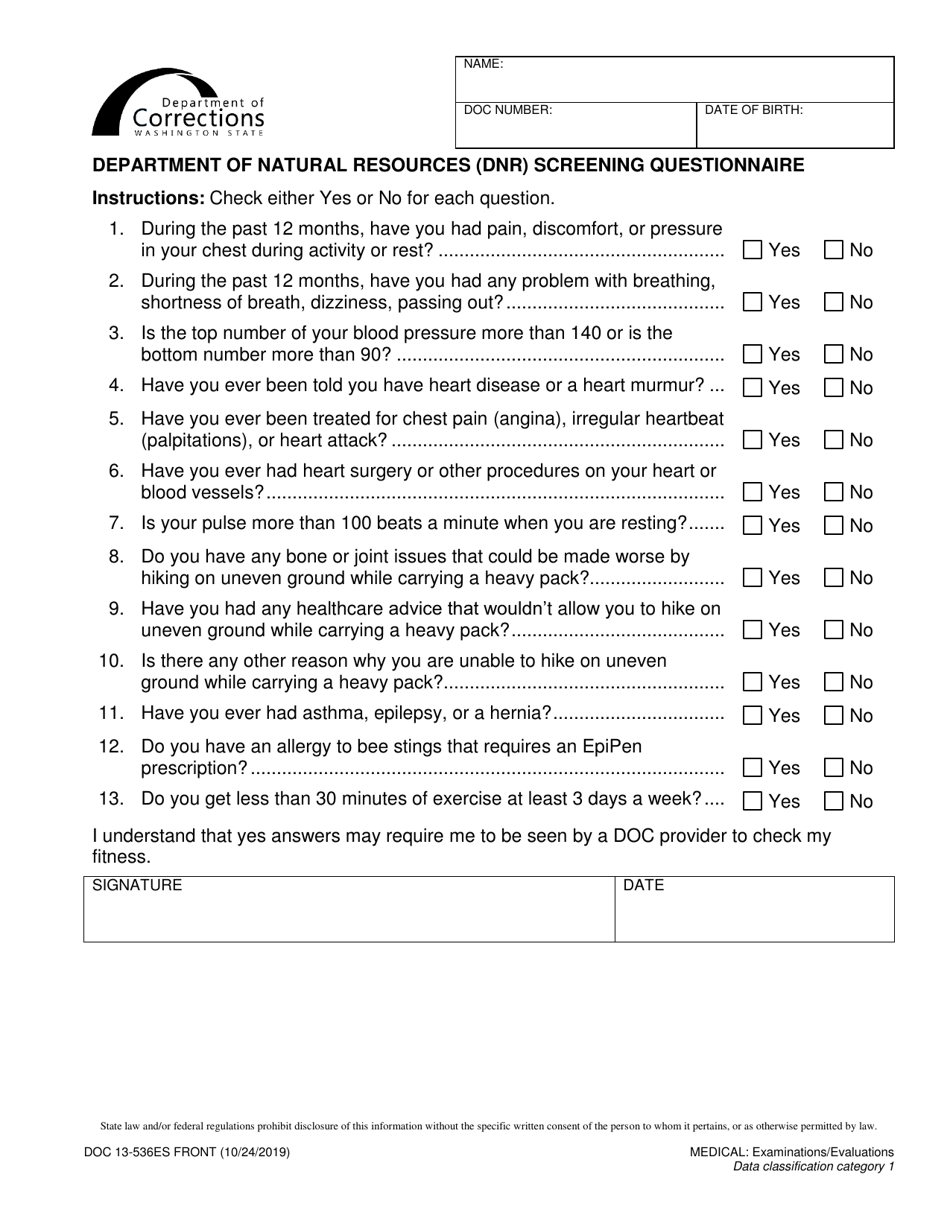Form DOC13-536 Department of Natural Resources (DNR) Screening Questionnaire - Washington (English / Spanish), Page 1