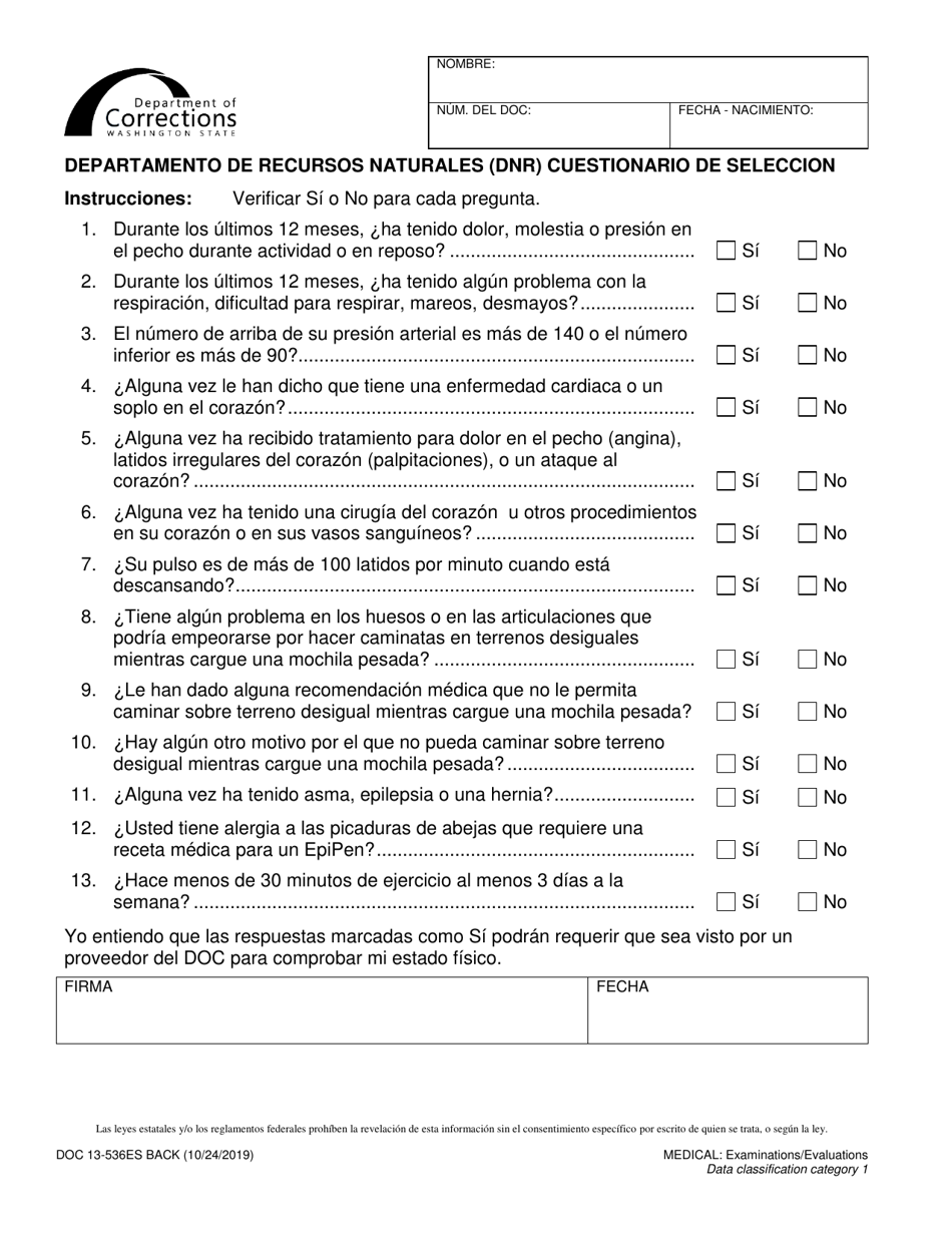 Form DOC13-536 Department of Natural Resources (DNR) Screening Questionnaire - Washington (English / Spanish), Page 2
