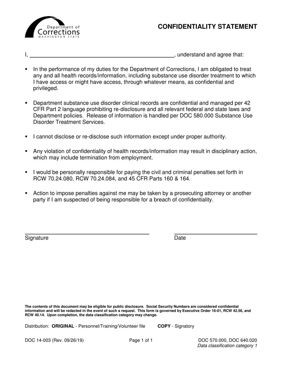 Form DOC14-003 Confidentiality Statement - Washington, Page 1