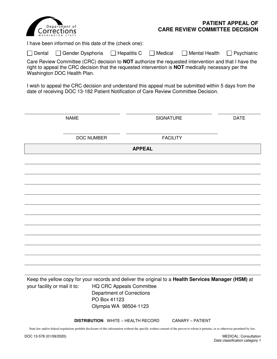 Form DOC13-578 Patient Appeal of Care Review Committee Decision - Washington, Page 1
