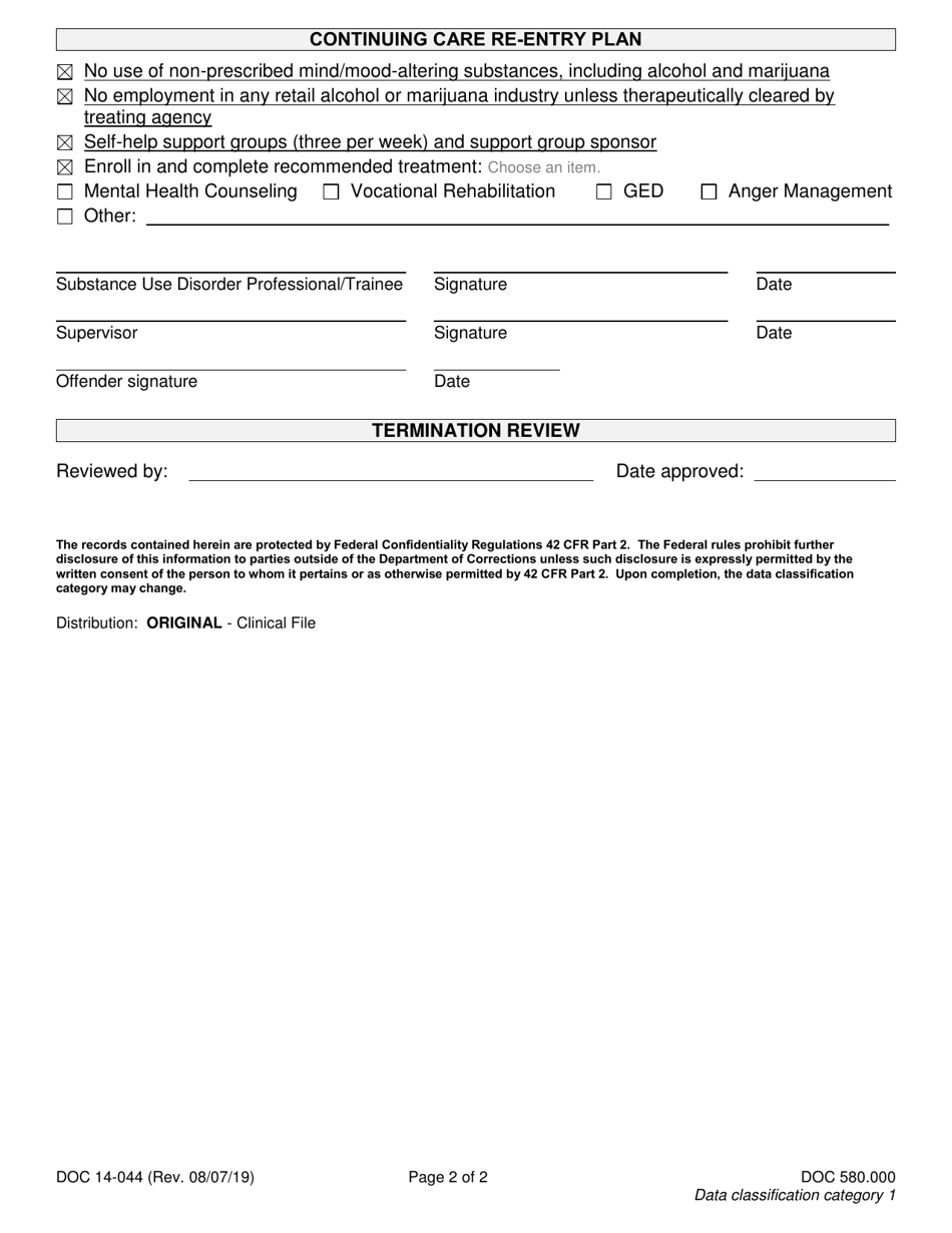 Form DOC14-044 Substance Use Disorder Discharge Summary and Continued Care Plan - Washington, Page 2