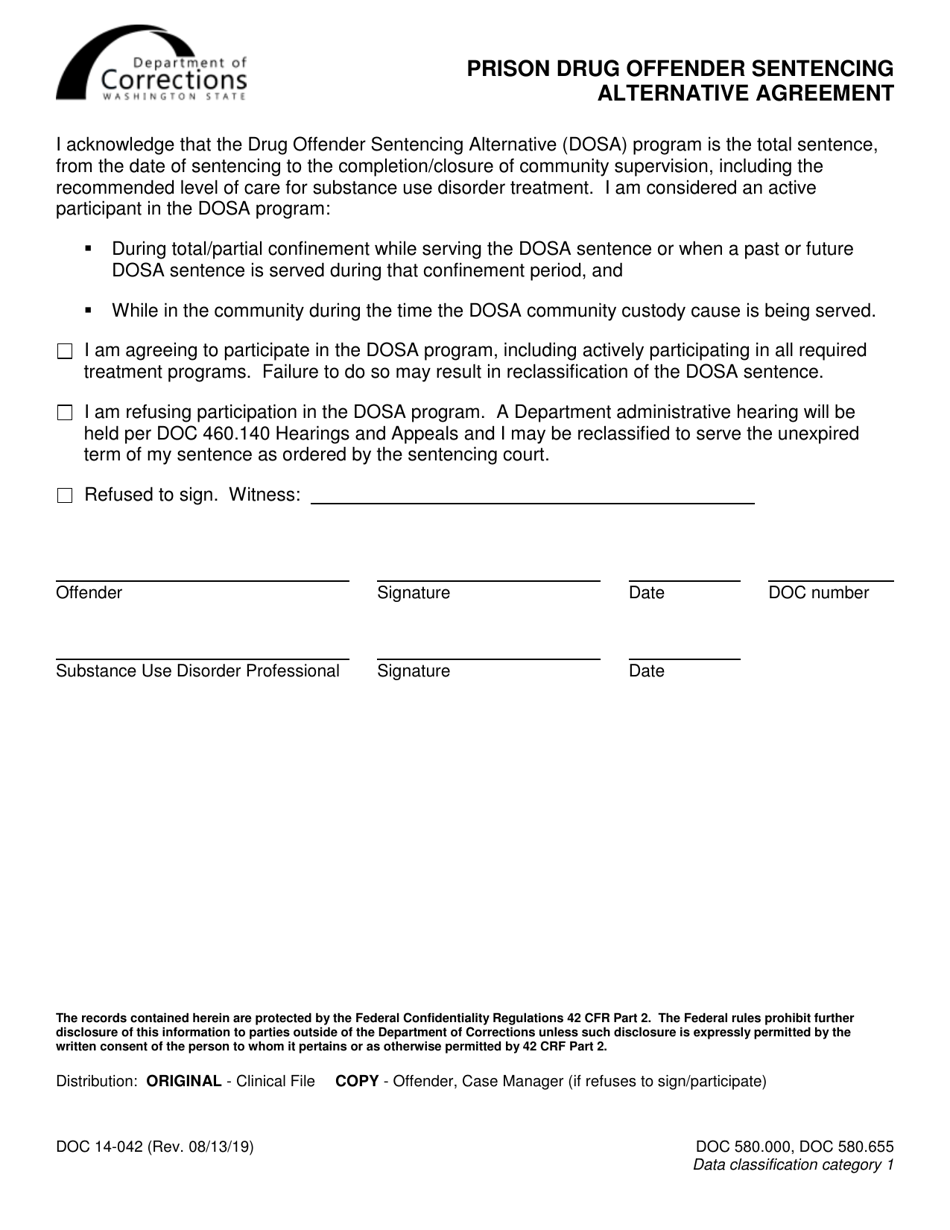Form DOC14-042 Prison Drug Offender Sentencing Alternative Agreement - Washington, Page 1