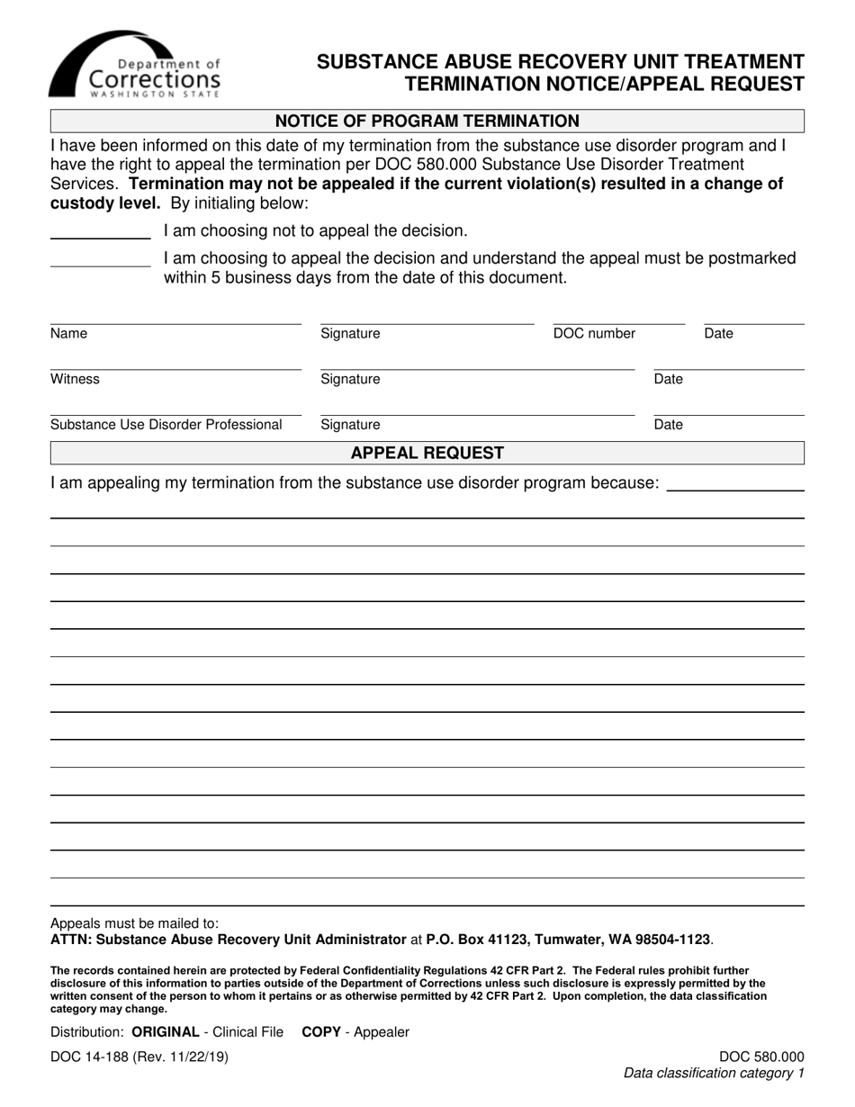 Form DOC14-188 Substance Abuse Recovery Unit Treatment Termination Notice / Appeal Request - Washington, Page 1