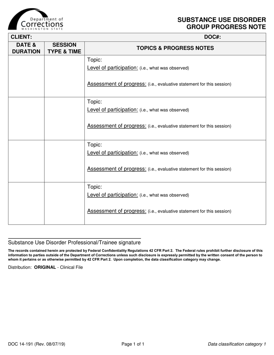 Form DOC14-191 Substance Use Disorder Group Progress Note - Washington, Page 1