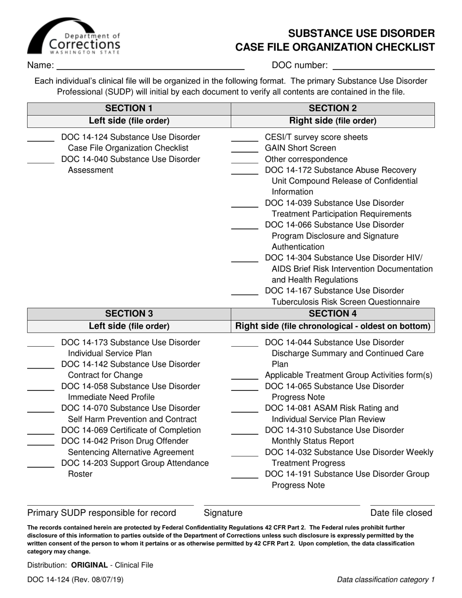 Form DOC14-124 Substance Use Disorder Case File Organization Checklist - Washington, Page 1