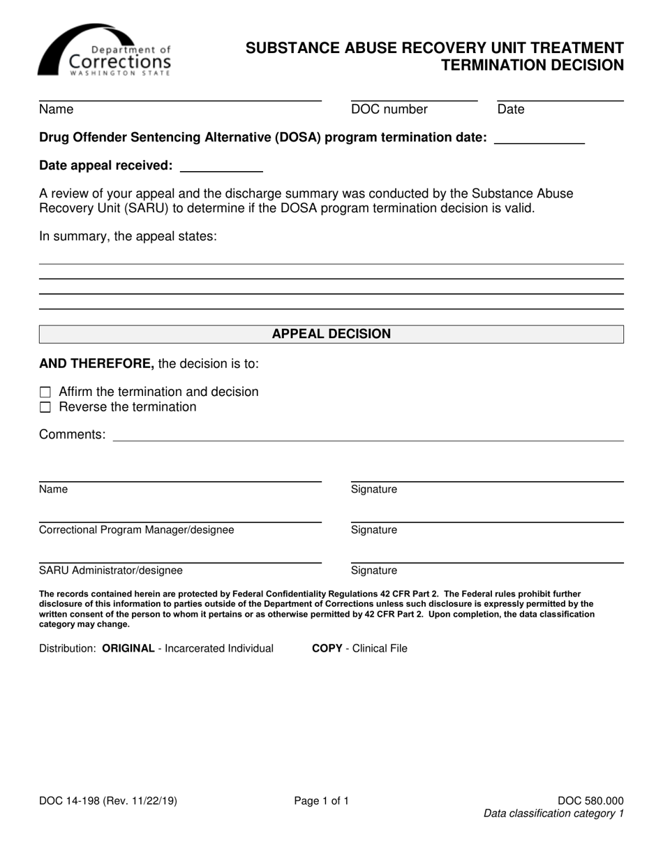Form DOC14-198 Substance Abuse Recovery Unit Treatment Termination Decision - Washington, Page 1