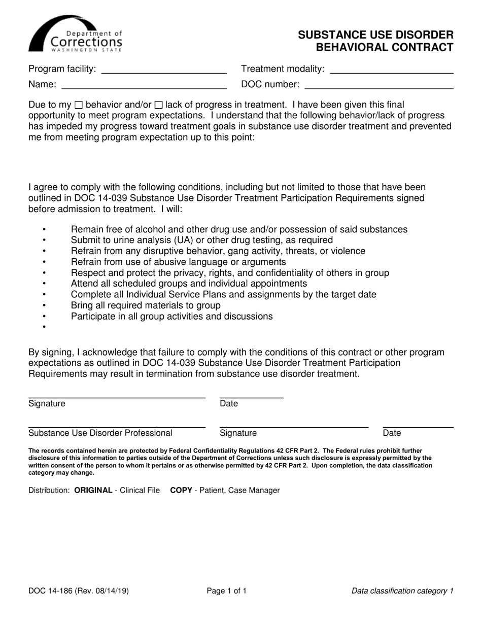 Form DOC14-186 Substance Use Disorder Behavioral Contract - Washington, Page 1