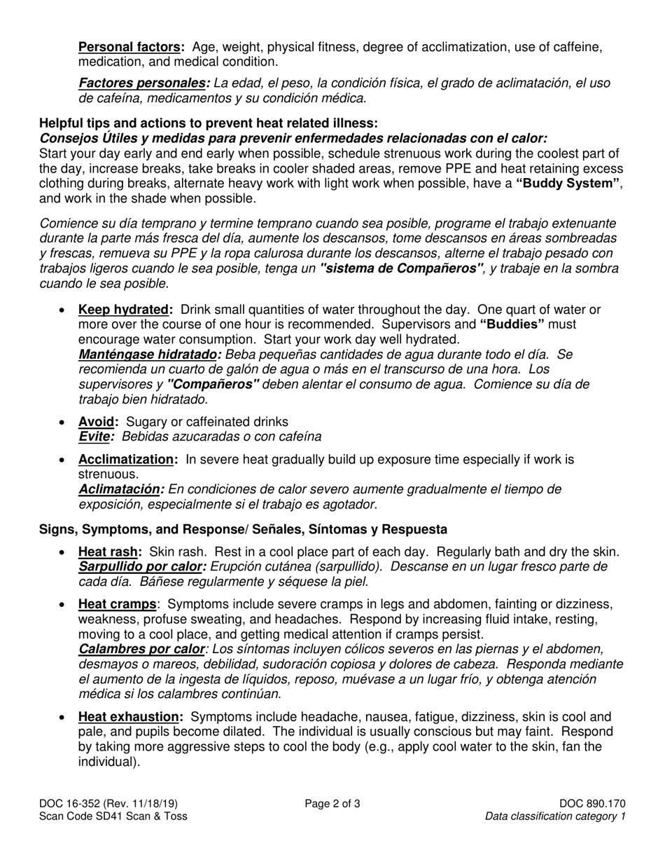 Form DOC16-352 Outdoor Heat Exposure Awareness Training - Washington (English / Spanish), Page 2