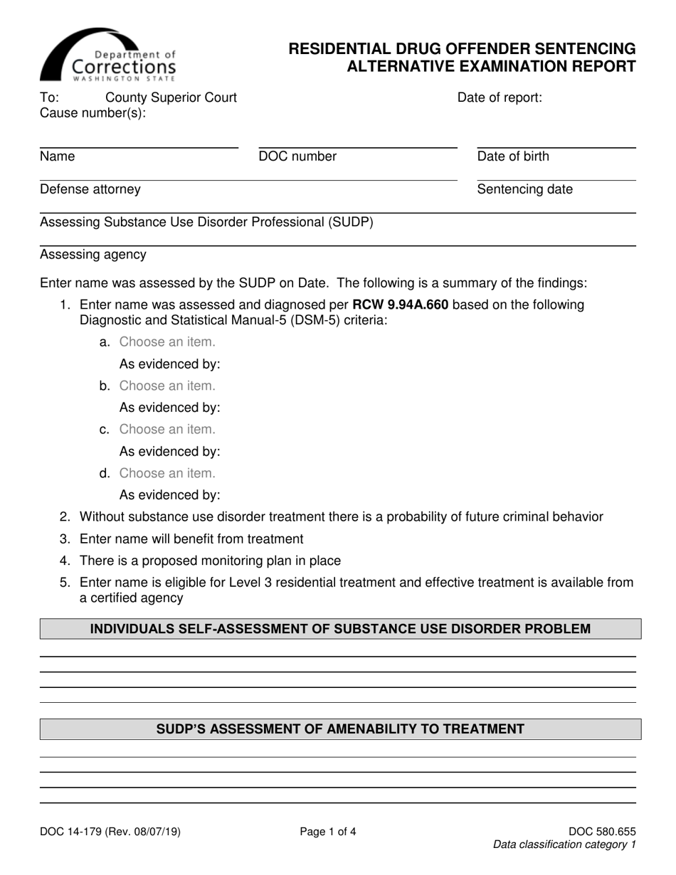 Form DOC14-179 Residential Drug Offender Sentencing Alternative Examination Report - Washington, Page 1