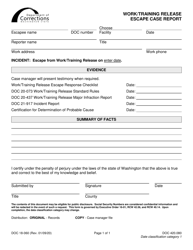 Document preview: Form DOC18-060 Work/Training Release Escape Case Report - Washington