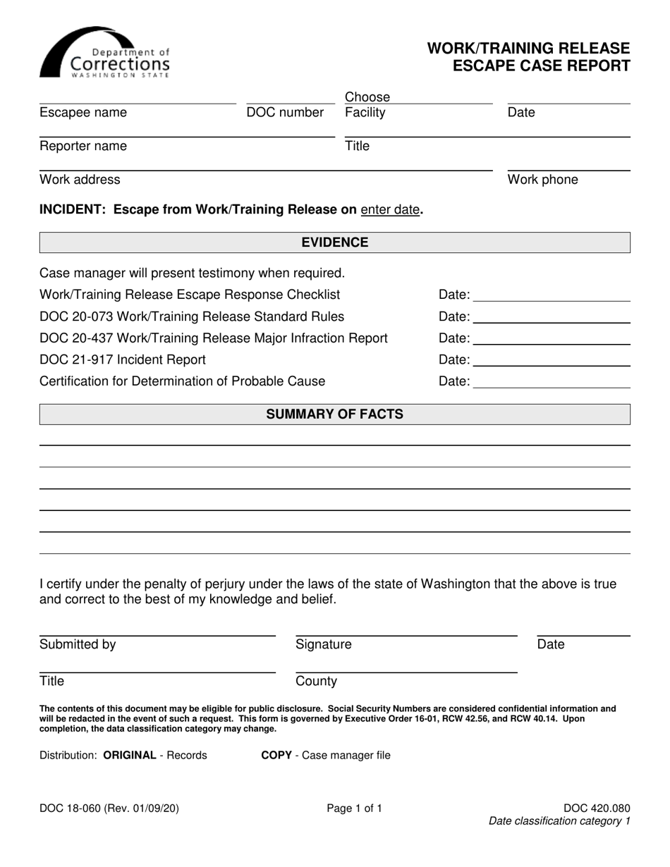 Form DOC18-060 Work / Training Release Escape Case Report - Washington, Page 1