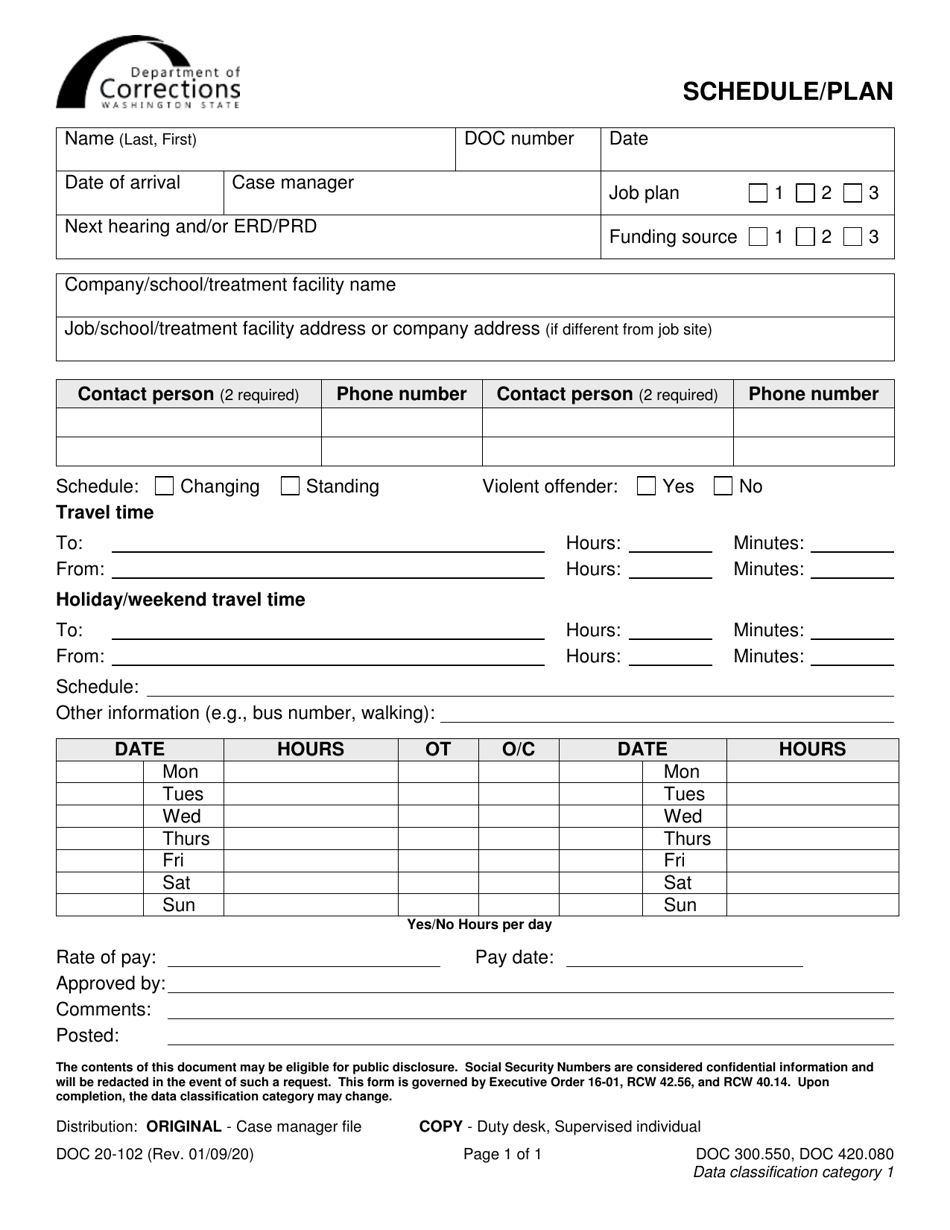 Form DOC20-102 Schedule / Plan - Washington, Page 1