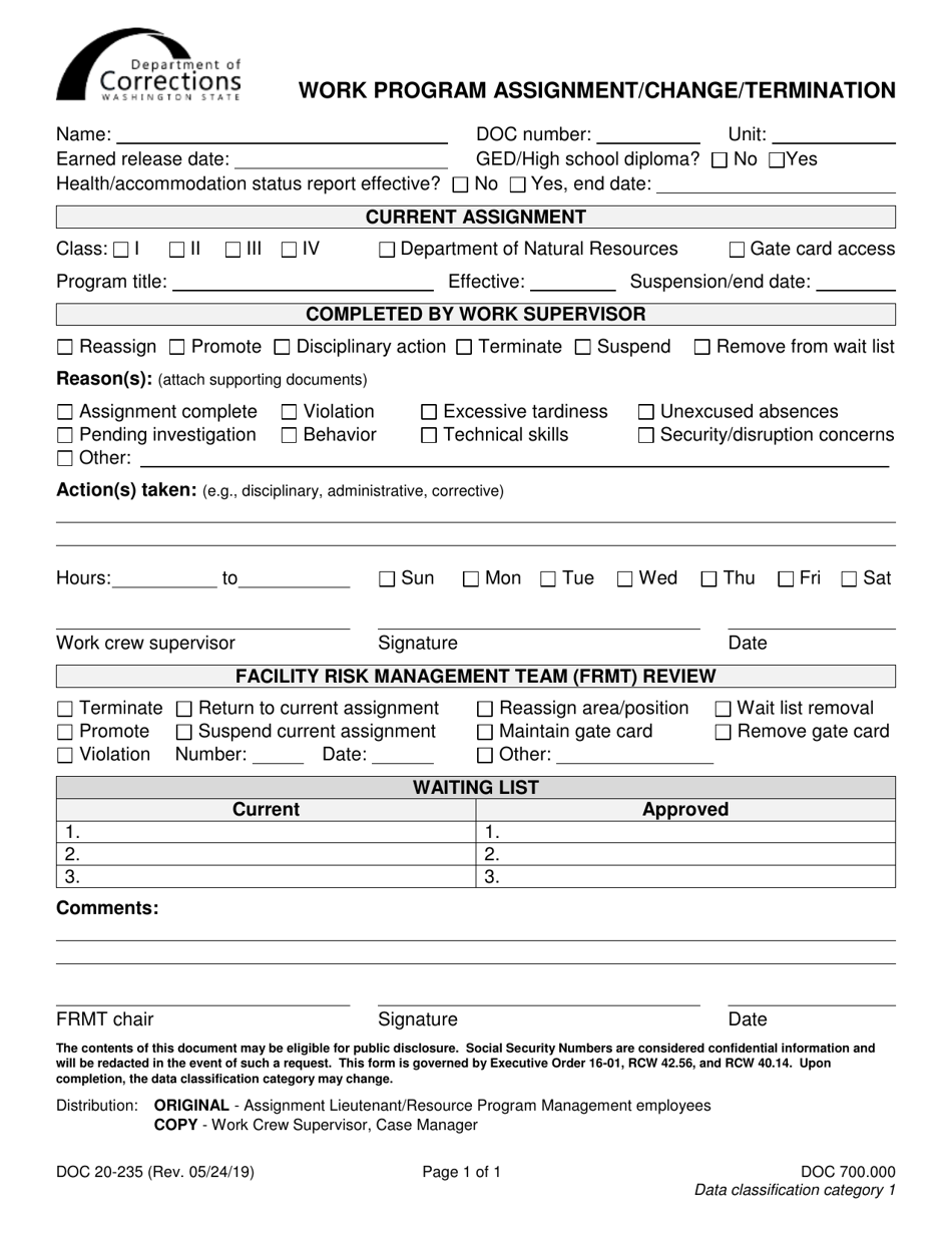 Form DOC20-235 Work Program Assignment / Change / Termination - Washington, Page 1