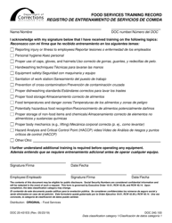 Document preview: Form DOC20-431 Food Services Training Record - Washington (English/Spanish)