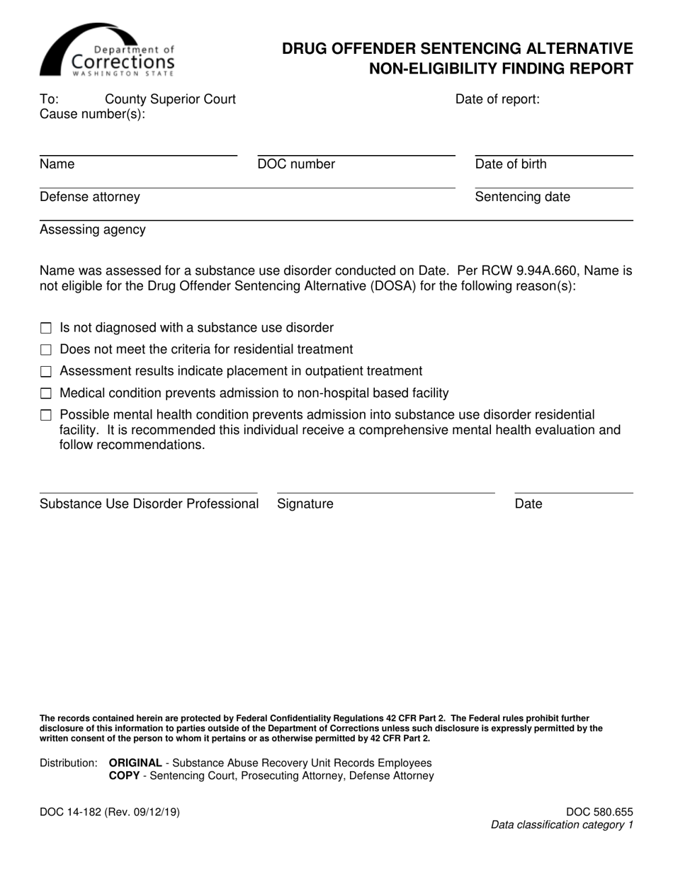 Form DOC14-182 Drug Offender Sentencing Alternative Non-eligibility Finding Report - Washington, Page 1