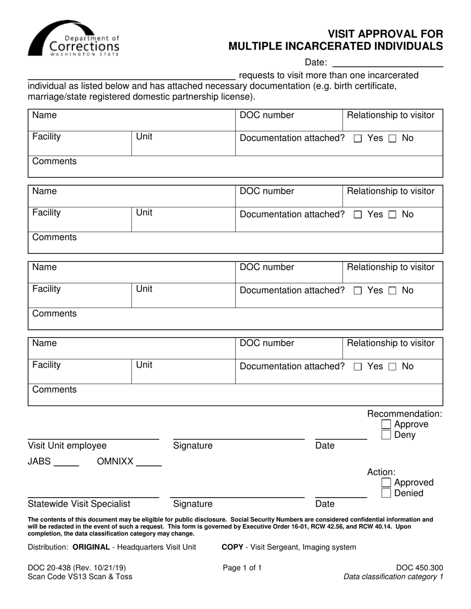 Form DOC20-438 Visit Approval for Multiple Incarcerated Individuals - Washington, Page 1