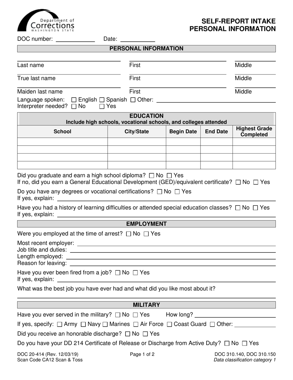 Form DOC20-414 Self-report Intake Personal Information - Washington, Page 1