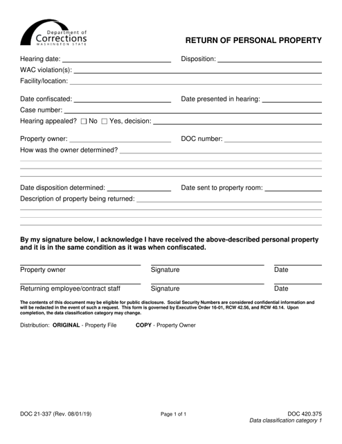 Form DOC21-337 Return of Personal Property - Washington