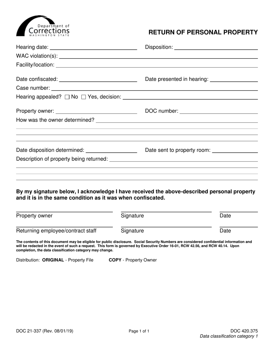 Form DOC21-337 Return of Personal Property - Washington, Page 1