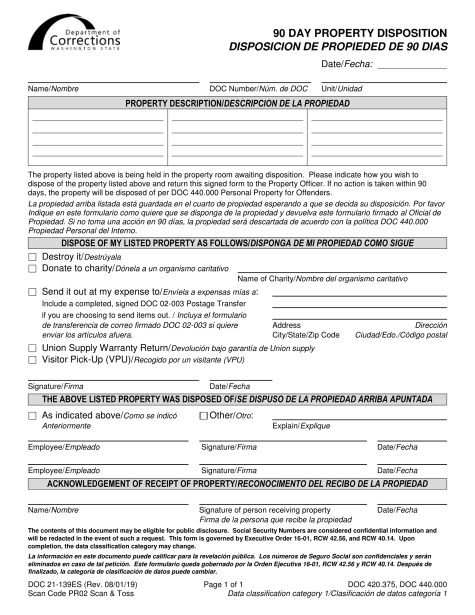 Form DOC21-139 90 Day Property Disposition - Washington (English / Spanish), Page 1