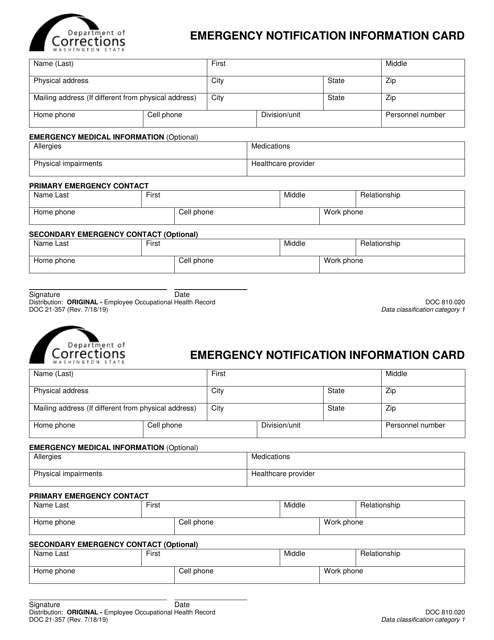 Form DOC21-357 Emergency Notification Information Card - Washington