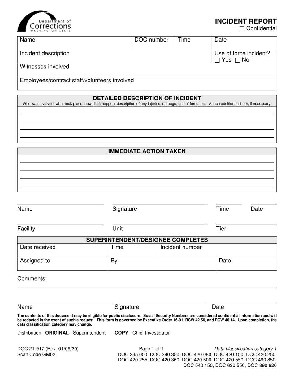 Form DOC21-917 Download Printable PDF or Fill Online Incident Report ...