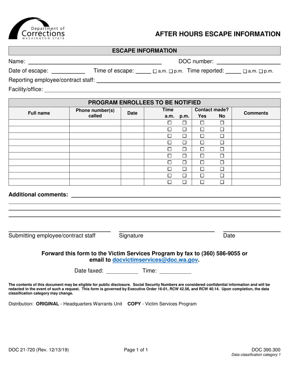 Form DOC21-720 After Hours Escape Information - Washington, Page 1