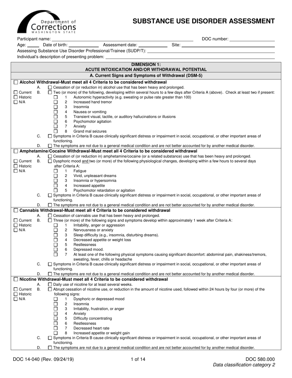 Form DOC14-040 Substance Use Disorder Assessment - Washington, Page 1