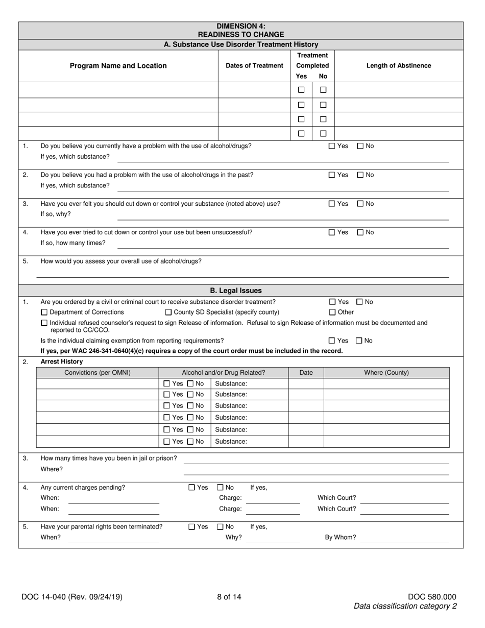 Form DOC14-040 Substance Use Disorder Assessment - Washington, Page 8