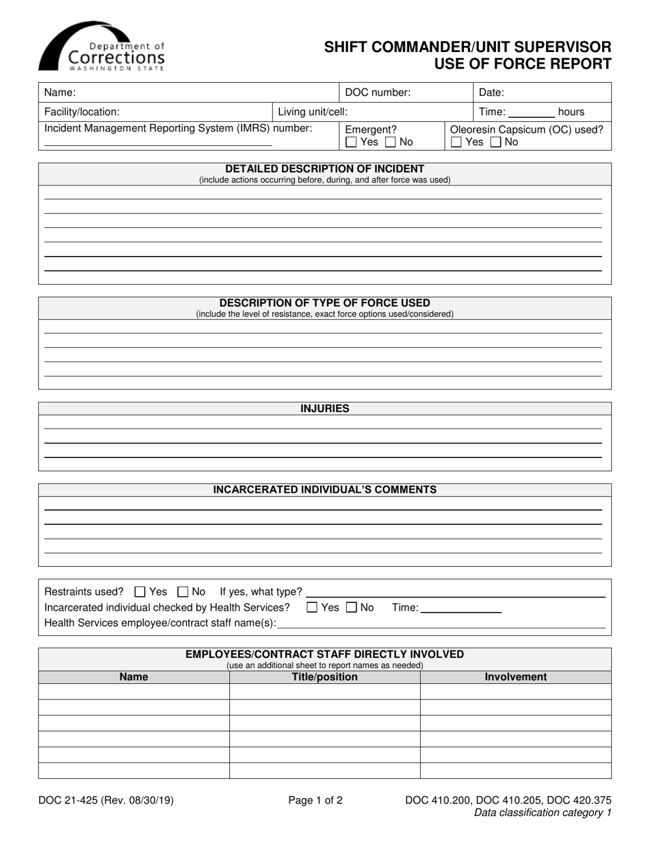 Form DOC21-425 Shift Commander / Unit Supervisor Use of Force Report - Washington, Page 1