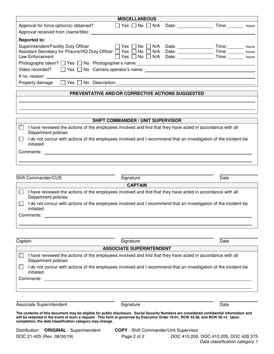 Form DOC21-425 Shift Commander / Unit Supervisor Use of Force Report - Washington, Page 2