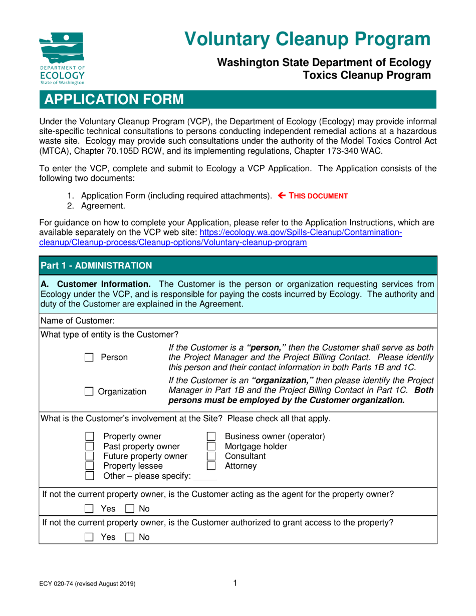 ECY Form 020-74 Voluntary Cleanup Program Application Form - Washington, Page 1