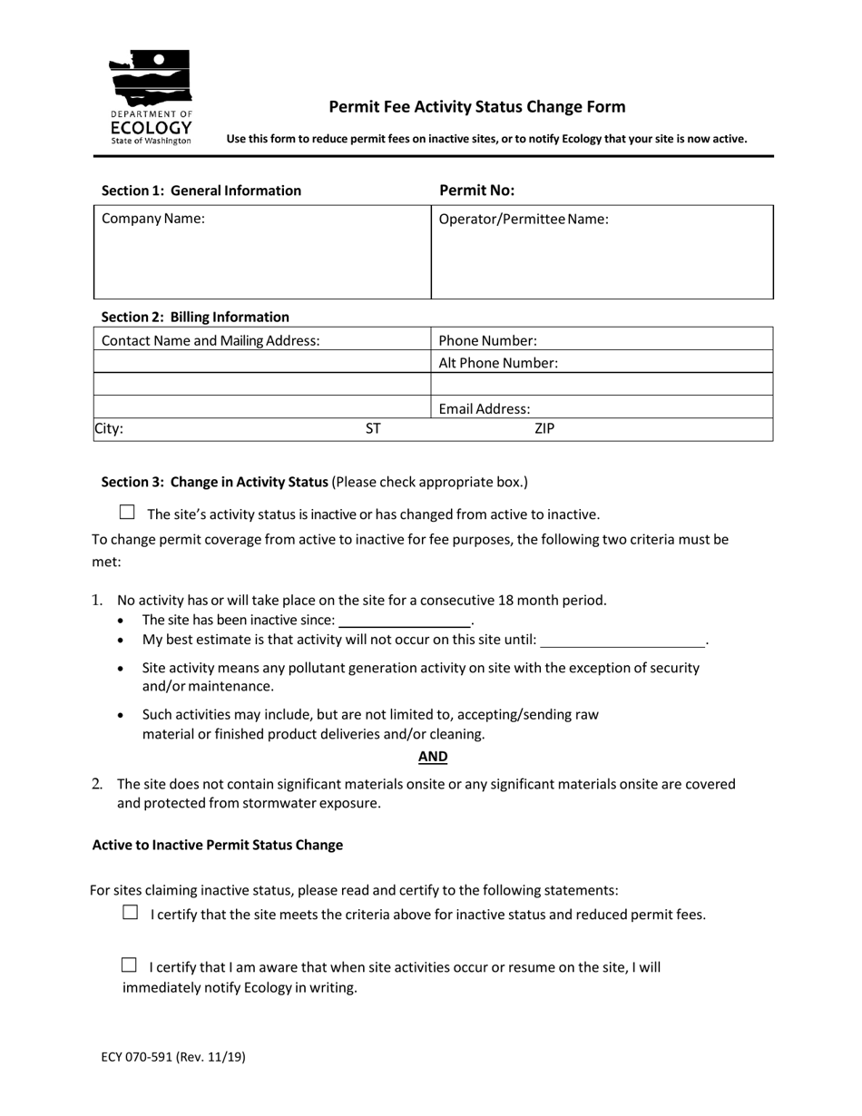 ECY Form 070-591 Permit Fee Activity Status Change Form - Washington, Page 1