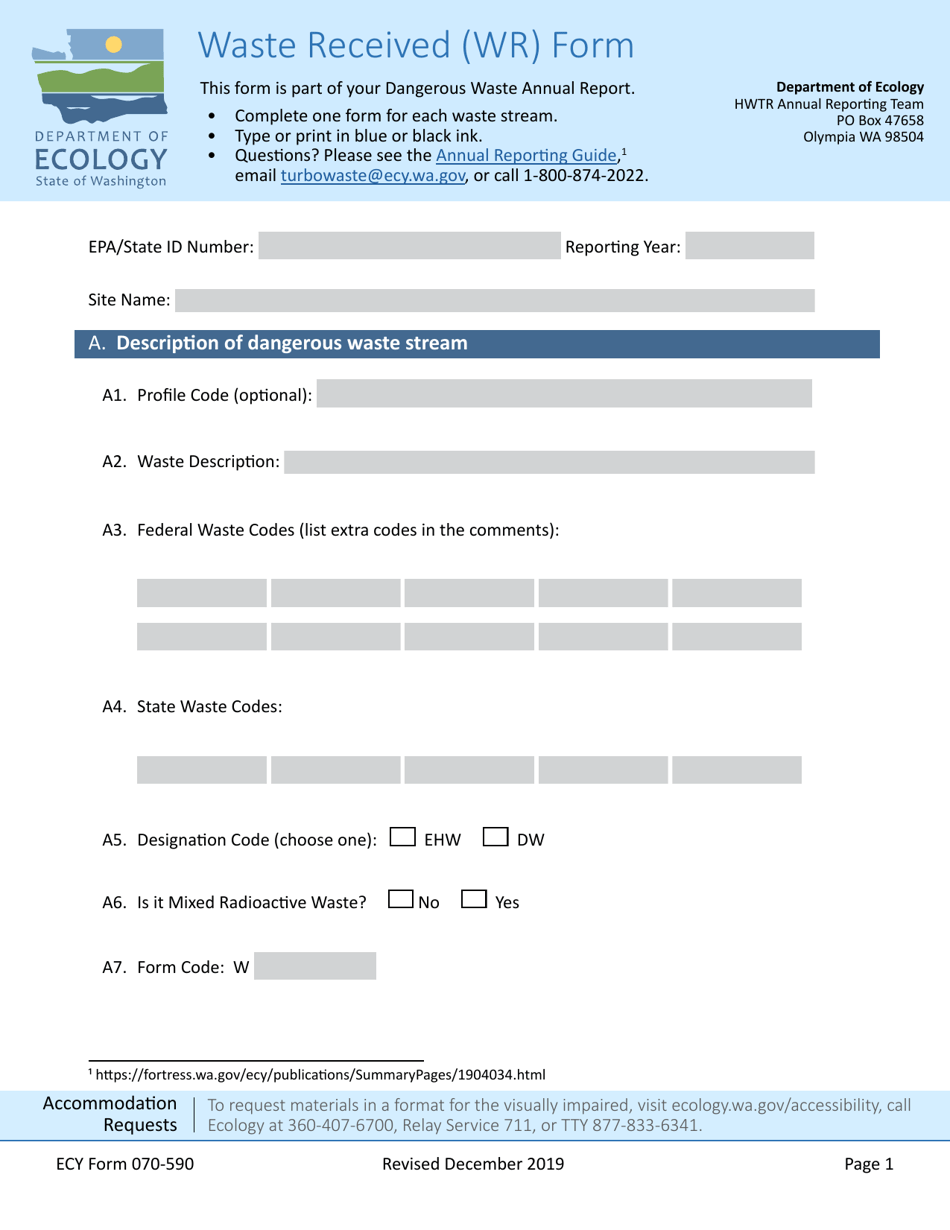 ECY Form 070-590 Waste Received (Wr) Form - Washington, Page 1
