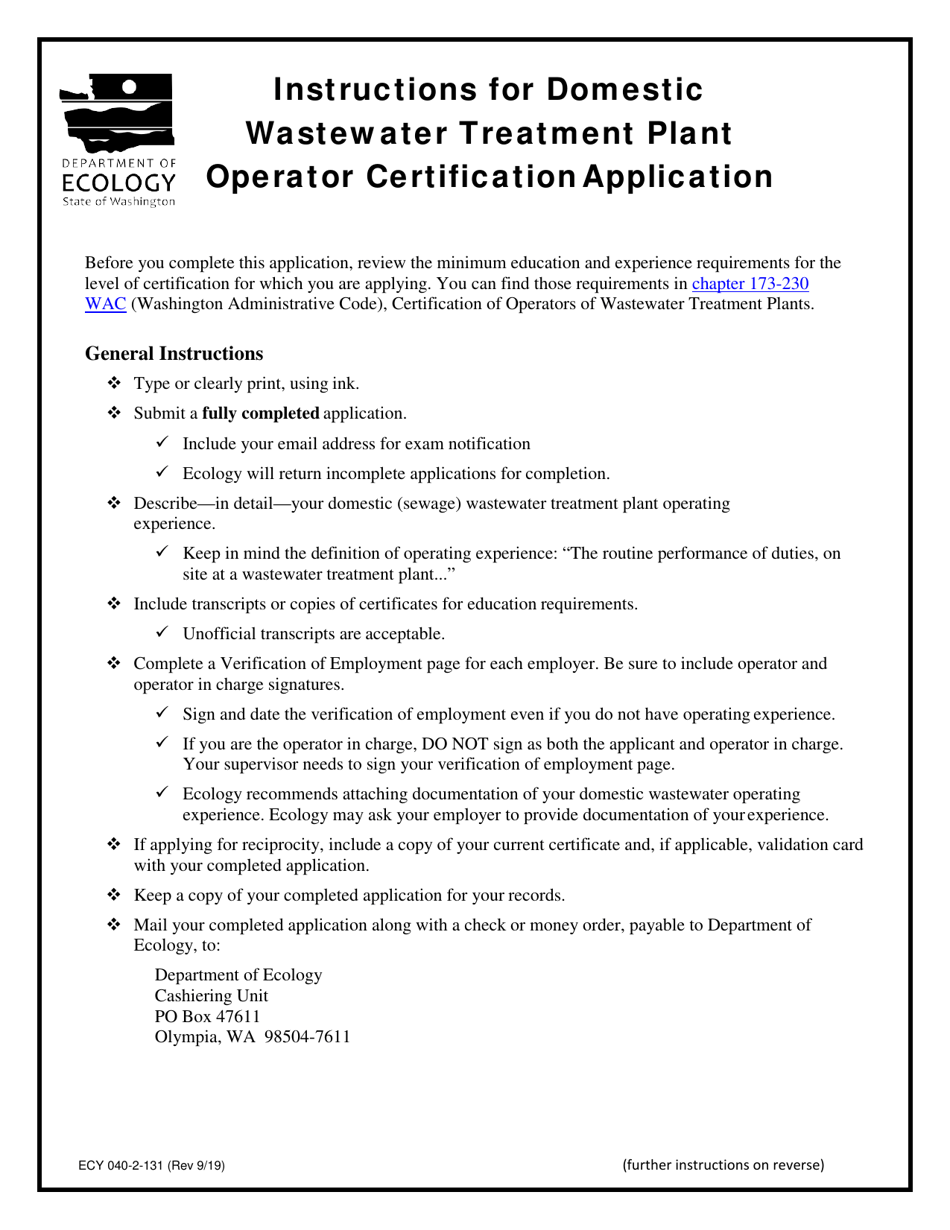 ECY Form 040-2-131 Domestic Wastewater Treatment Plant Operator Certification Application - Washington, Page 1
