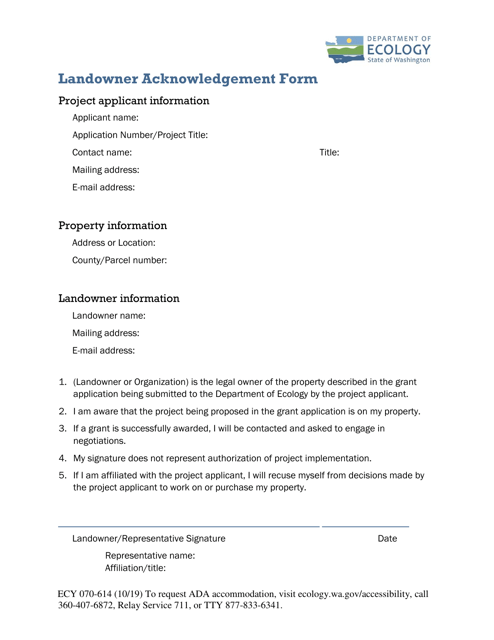 ECY Form 070-614 Landowner Acknowledgement Form - Washington
