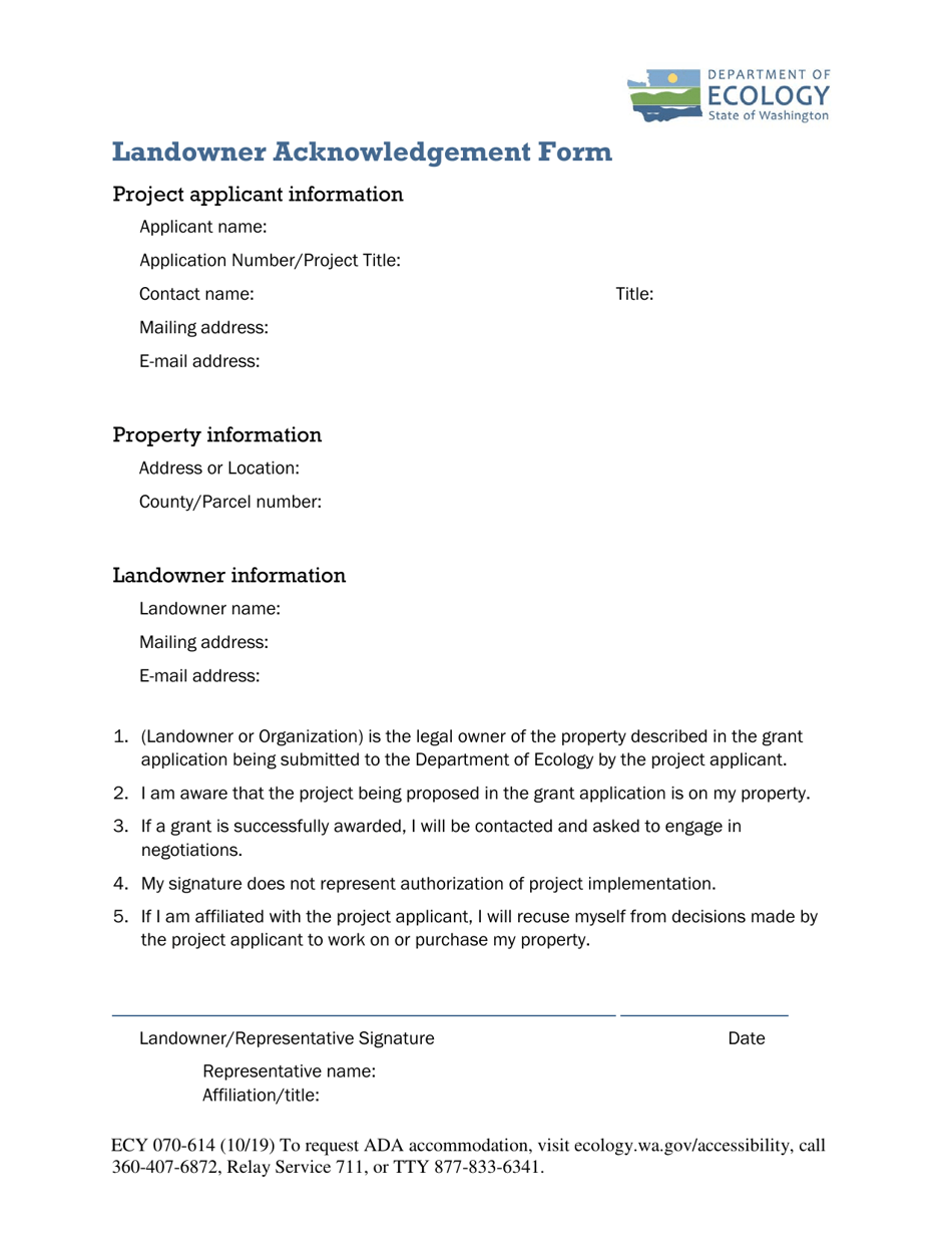 ECY Form 070-614 Landowner Acknowledgement Form - Washington, Page 1