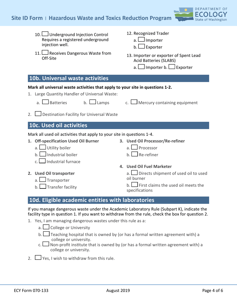 ECY Form 070-133 Notification of Dangerous Waste Site Identification (Id) Form - Washington, Page 4