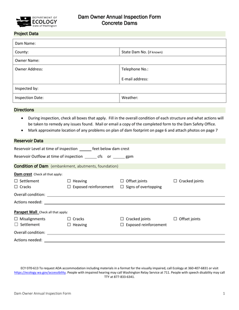 ECY Form 070-613 Dam Owner Annual Inspection Form - Concrete Dams - Washington