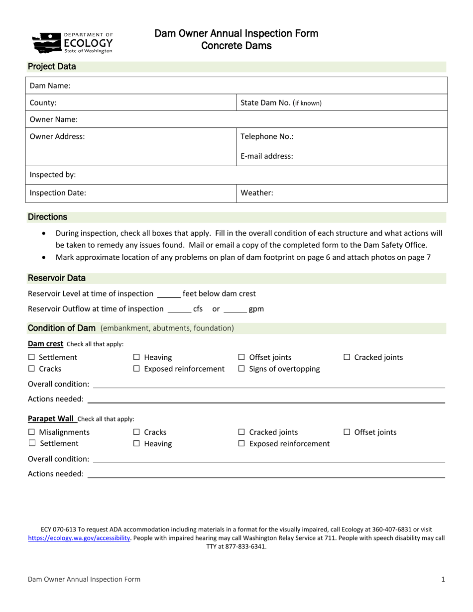 ECY Form 070-613 Dam Owner Annual Inspection Form - Concrete Dams - Washington, Page 1